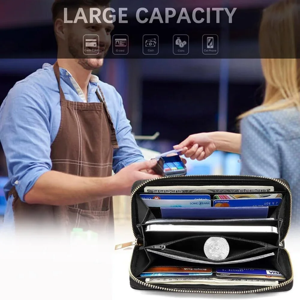 Women's Leather Wallet RFID Blocking Large Capacity Credit Card Holder Purse